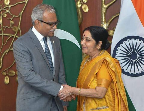 Dr Mohamed Asim, Foreign Minister and special envoy of the President of Maldives, with External Affairs Minister Sushma Swaraj (File | PTI)