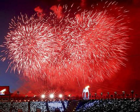 Fireworks go off after the Olympic flame was lit during the opening ceremony of the 2018 Winter Olympics in Pyeongchang, South Korea. | AP