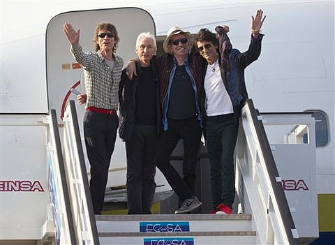 Members of The Rolling Stones, from left, Mick Jagger, Charlie Watts, Keith Richards and Ron Wood pose for photos (AP)