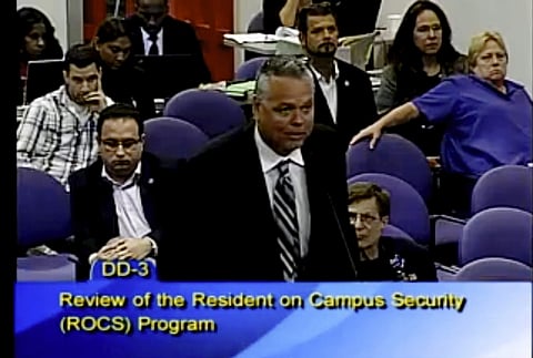 This Feb. 18, 2015, file image taken from video provided by Broward County Public Schools shows school resource officer Scot Peterson during a school board meeting of Broward County, Fla. (Associated Press)