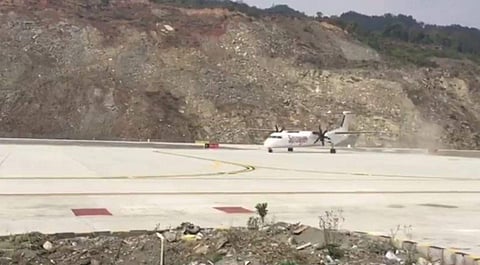 The SpiceJet flight touching down at Pakyong airport in Sikkim on Saturday. (EPS)