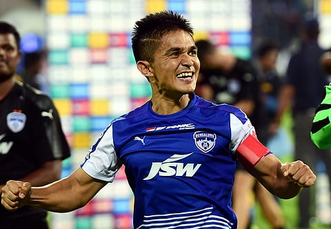 Bengaluru FC Sunil Chettri with team mates celebrates after winning the ISL Second leg Semifinal match against FC Pune at Kanteerava Stadium in Bengaluru on Sunday. | PTI