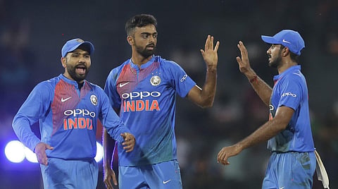 India's Jaydev Unadkat, center, celebrates the dismissal of Bangladeshi batsman Mehidy Hasan during the second T20 match in Nidahas triangular series in Colombo, Sri Lanka, Thursday, March 8, 2018. | AP File Photo