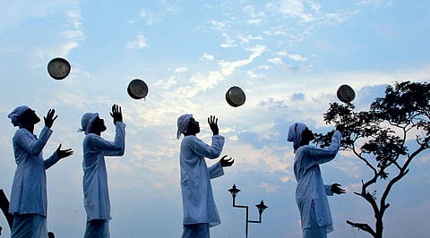 Students practising for the duffmuttu competition | Melton Antony, Kolkali team of MES College, Marampally, performing at the Youth festival at Rajendra Maidan in Kochi | Albin Mathew