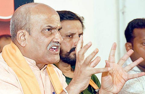Sri Rama Sene chief Pramod Muthalik addresses media on Monday  I Rajesh Shetty Ballalbagh