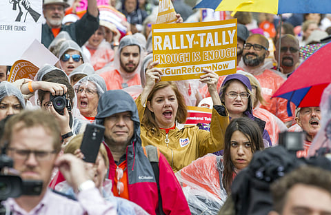 The Rally in Tally protesters chant after marching to the Florida Capitol for the Rally in Tally in Tallahassee, Fla., Feb 26, 2018. | AP File Photo