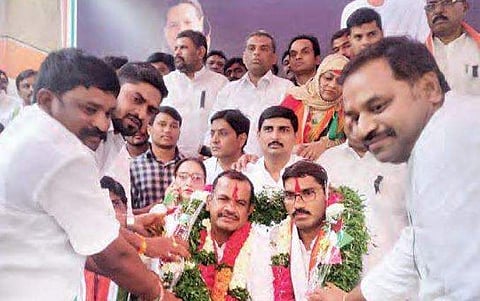 The disqualified Congress MLAs Komatireddy, Sampath Kumar along with others on a  48-hour hunger strike at Gandhi Bhavan in Hyderabad on Tuesday | express Photo