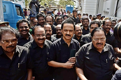 Members of DMK led by their Woking President MK Stalin enters the assembly for budget session with black shirts in protest demanding to constitute the Cavery Management Board ( EPS | P Jawahar)