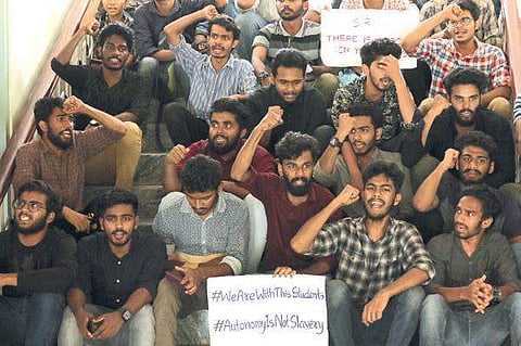 Students of Farooq College protesting in front of the principal’s office on Friday | T P Sooraj