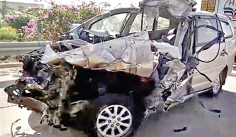 The mangled Toyota Innova in which the seven doctors were travelling.  | PTI