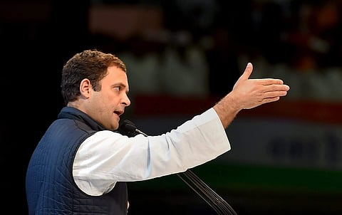 Congress President Rahul Gandhi speaks during the second day of the 84th Plenary Session of Indian National Congress in New Delhi on Sunday. (PTI)