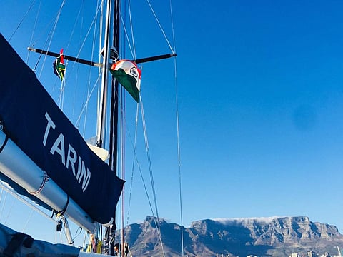 Indian Navy Sailing Vessel Tarini today docked at a port in Cape Town in South Africa. (Twitter | SpokespersonNavy)