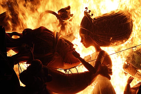 Every year the city of Valencia celebrates the ancient 'Las Fallas' fiesta, a noisy week that is full of fireworks and processions in honor of Saint Joseph, the patron saint of carpentry, that ends in the midnight of March 19, burning many characters and 
