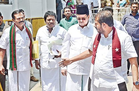 (From L) Kongu Ilaignar Peravai leader U Thaniyarasu, Mukkulathor Pulipadai leader S Karunas, IUML leader K A M Muhammed Abubacker and Manithaneya Jananayaka Makkal Katchi leader Thamimun Ansari staging a walkout from  the Assembly on Monday | P Jawahar