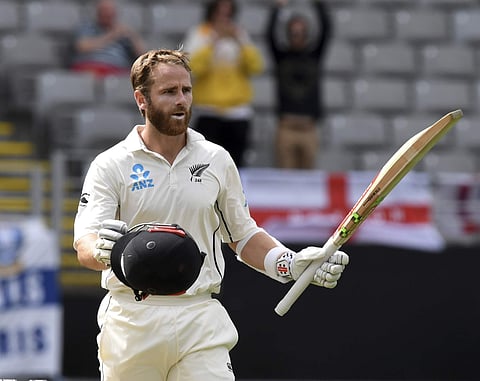 New Zealand's Kane Williamson celebrates his century against England at Auckland | AP