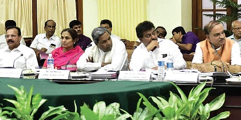 Siddaramaiah, MB Patil and others attend the all-party meeting held to discuss the plan of action following the recent Cauvery verdict at Vidhana Soudha on Thursday | EXPRESS