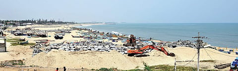 Groyne fields being constructed in the newly formed beach near Kovalam by officials of the State Fisheries Department | shiba prasad sahu