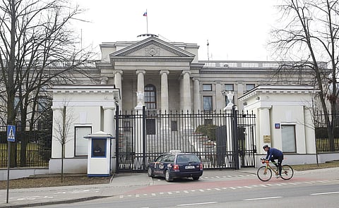 A taxi in front of the Russian Embassy in Warsaw, Poland, Monday, March 26, 2018. (AP)