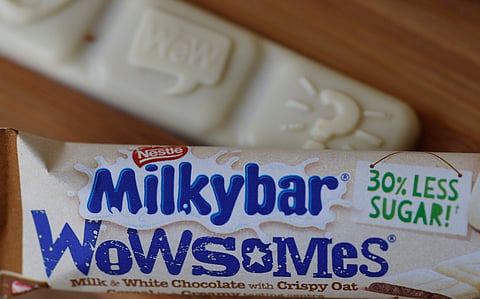 Bars of Nestle's new 'Milkybar Wowsomes' are displayed at their Product Technology Centre in York. (Photo | Reuters)