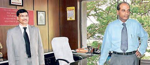 APSRTC VC&MD NV Surendra Babu (left) takes charge from DGP M Malakondaiah at the RTC House in city on Monday | R V K Rao