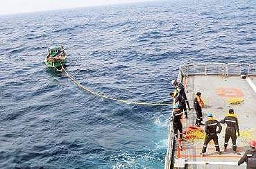 Naval vessel INS Sharda rescues fishermen stranded due to cyclone Ockhi off Lakshadweep in the Arabian Sea.