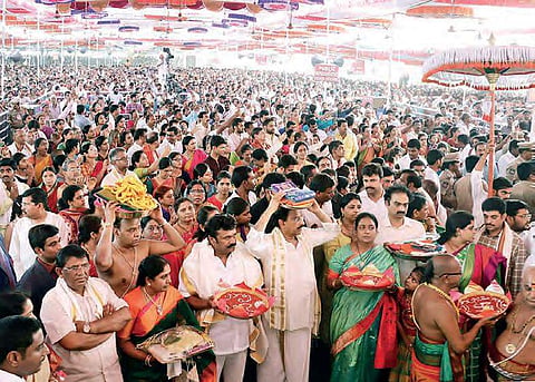 Ministers Talasani Srinivas Yadav and Indrakaran Reddy wait to offer pattu vastralu to Lord Rama and Goddess Sita in Bhadrachalam on Monday | Express photo