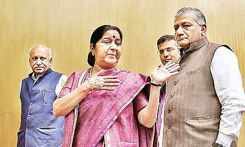 External Affairs Minister Sushma Swaraj and junior ministers VK Singh and MJ Akbar (Express File Photo | Parveen Negi)