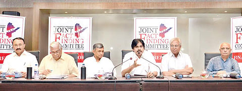 Jana Sena Party (JSP) president Pawan Kalyan addressing a press conference after releasing the Joint Fact-finding Committee (JFC)  report on Central funds to AP, in Hyderabad on Saturday | Express