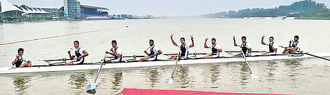 Rohit L Maradappa and team after winning  the 2015 Asian Rowing Championships