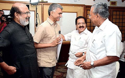 Chief Minister Pinarayi Vijayan, Karnataka Agriculture Minister Krishna Byre Gowda, Finance Minister T M Thomas Isaac and Opposition Leader Ramesh Chennithala during the inauguration of southern states’ Finance Ministers’ conclave held in Thiruvananthapur