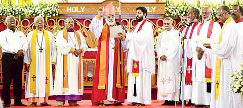 Bishop Thomas K Oommen, moderator, Church of South India, leading the dedication service of the elevation of CSI Immanuel Church, Broadway, on Sunday.  (EPS | Albin Mathew)