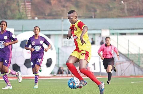 Uganda’s Fazila Ikwaput (C) represents Kerala’s Gokulam FC in the women’s I-League