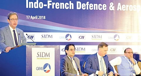 Patrick Daher, vice-chairman of the The French Aerospace Industries Association, addressing the conference at a hotel in Bengaluru on Tuesday  | pandarinath b