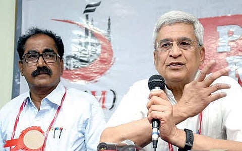 Prakash Karat addressing the press conference in Hyderabad on Friday |EXPRESS