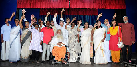 The ministers of Shadow Cabinet along with Prakash Ambedkar, grandson of B R Ambedkar, greeting the public after the swearing-in ceremony in Kochi on Saturday | A Sanesh