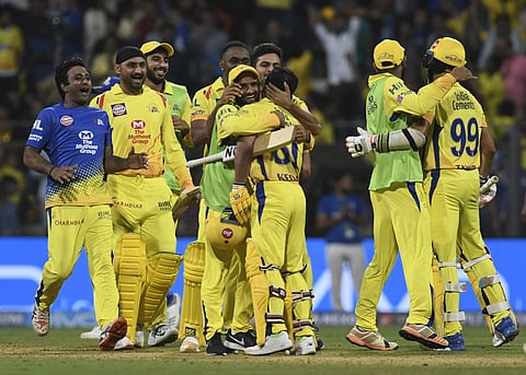 Chennai Super Kings' players celebrate after beating Mumbai Indians' during the IPL 2018 opening cricket match at Wankhede Stadium in Mumbai on Saturday. (Photo | PTI)
