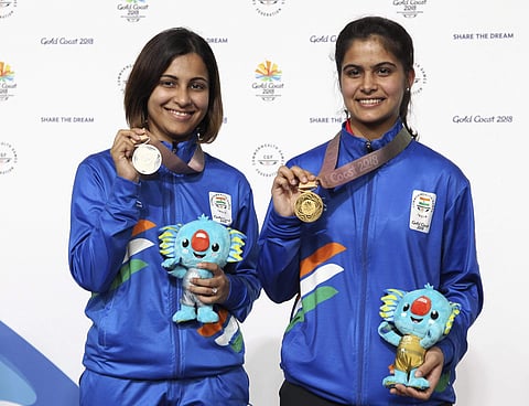 Indian shooters Manu Bhaker and Heena Sidhu at the medal podium | PTI