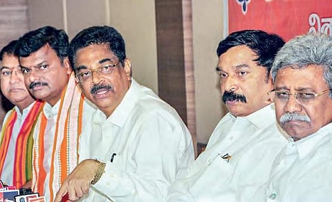 BJP MP K Hari Babu addressing a press meet in Visakhapatnam on Sunday | G SATYANARAYANA