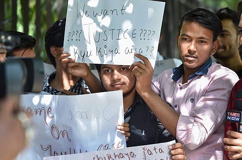 CBSE students display placards during a protest over an alleged paper leak at Jantar Mantar in New Delhi (File photo | PTI)