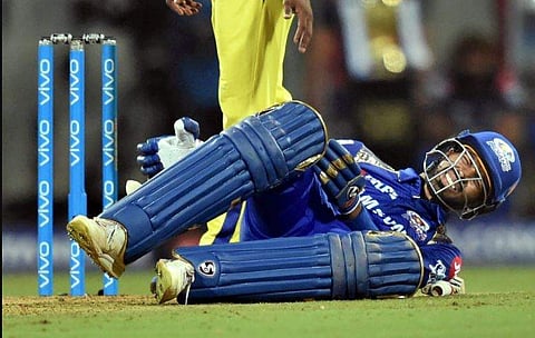 Hardik Pandya was injured off the final delivery of the Mumbai Indians innings bowled by Dwayne Bravo. (Photo | PTI)