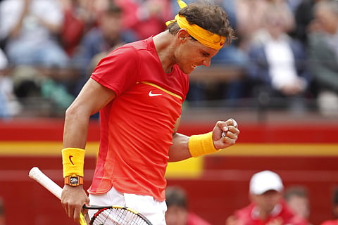 Rafael Nadal reacts during his match against Germany's Philipp Kohlschreiber during a World Group Quarter final Davis Cup tennis match between Spain and Germany at the bullring in Valencia, Spain, Friday April 6, 2018.  (Photo | AP)