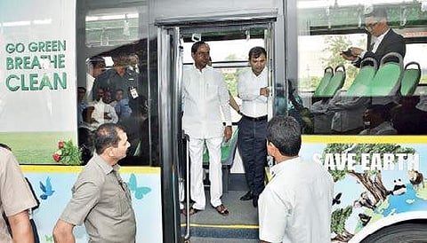 CM K Chandrasekhar Rao  in an electric bus in Hyderabad on Wednesday | Express