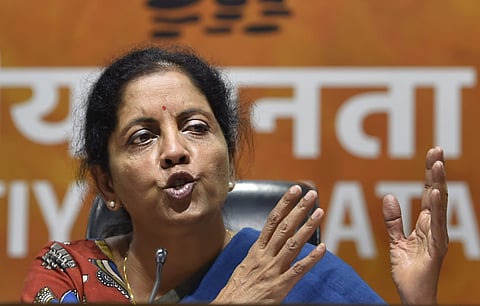 Union Defence Minister Nirmala Sitharaman speaks during the press conference at BJP Headquarters in New Delhi on Sunday. | PTI