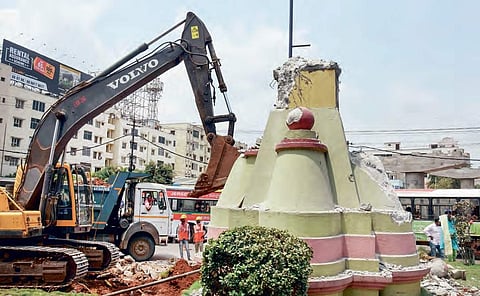 The traffic island at Benz Circle after the statue of Jai Andhra leader Kakani was removed on Sunday | P Ravindra Babu