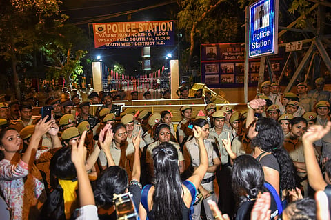 In this file image, students of Jawaharlal Nehru University JNU protest against JNU professor who is accused of sexually harsassing female students at Vasant Kunj Police Station in New Delhi. (PTI)