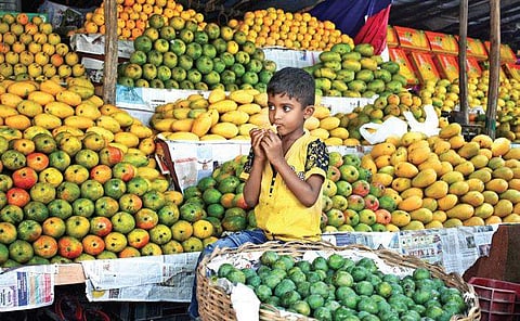 A child relishes a mango while her parents wait for customers at a stall on  Jayamahal Main Road in Bengaluru on Sunday | Shriram BN