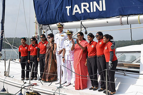 Union Defence Minister Nirmala Seetharaman with Indian Navy chief Admiral Sunil Lanba greet the Indian Navy's six-member all-women crew of INSV Tarini who circumnavigated the globe in over eight months at Panaji in Goa on Monday. | PTI