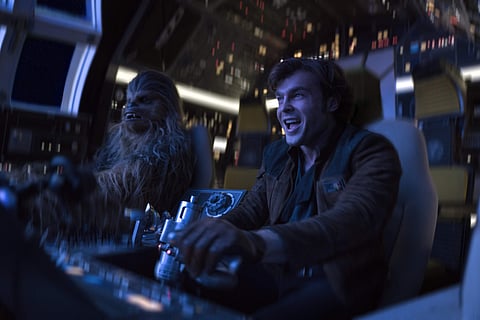 Alden Ehrenreich, right, and Joonas Suotamo appear in a scene from 'Solo: A Star Wars Story.' (Jonathan Olley/Lucasfilm via AP)