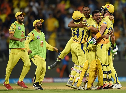 Chennai Super Kings players celebrate thier victroy against Sunrisers Hydrabad during the 1st Qualifer IPL match played in Mumbai on Tuesday. | PTI