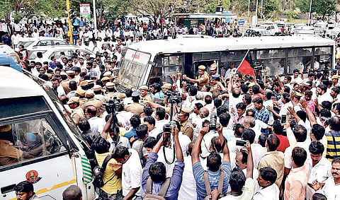 DMK cadre protest as working president M K Stalin is arrested by police at the Secretariat on Thursday | P Jawahar